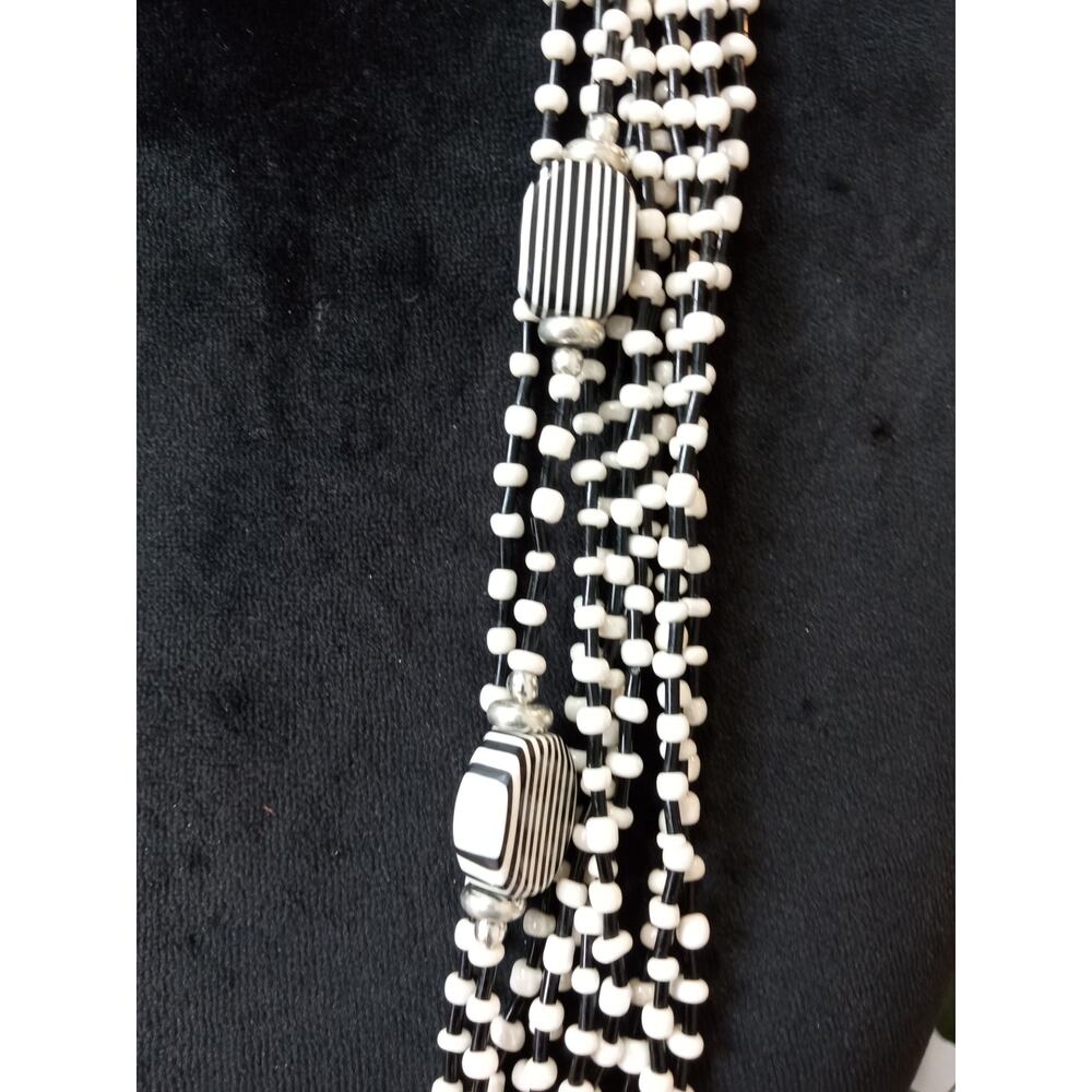 Long Black White Beaded Multi Strand Necklace Layered Boho Statement Jewelry - Picture 3 of 5